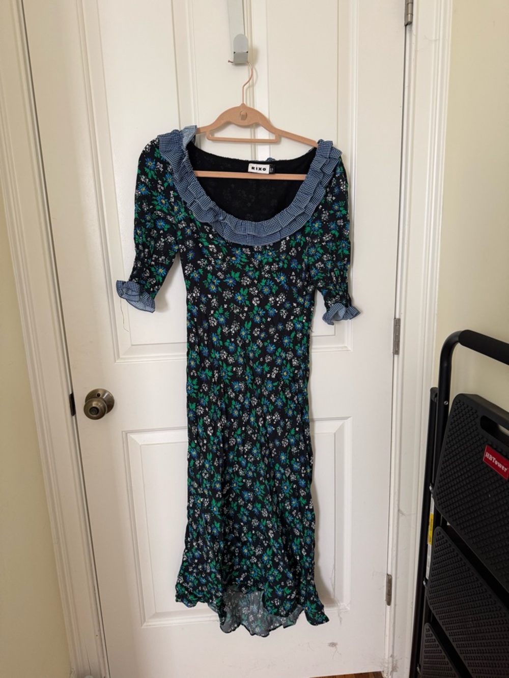 RIXO Black Midi Dress with Green & Blue Floral Print